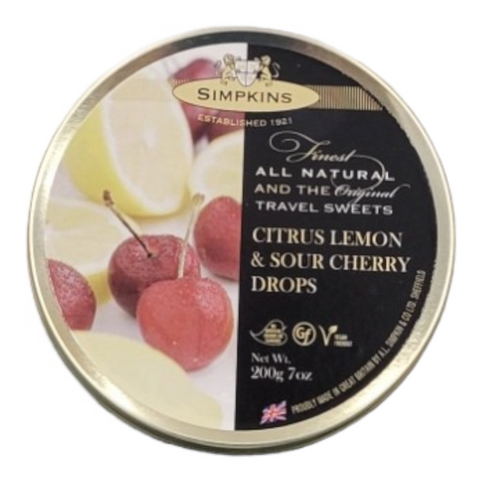 Simpkins Citrus Lemon & Sour Cherry Travel Sweets 200g Tin