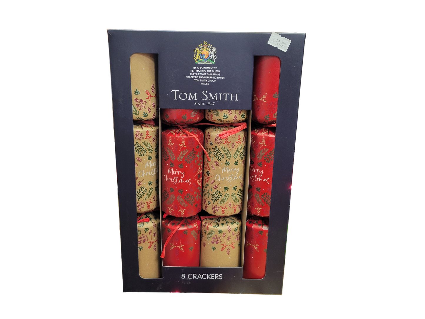 Pack 8 Tom Smith Charity Family Christmas Crackers Kraft Brown & Red Traditional Holy & Ivy Design