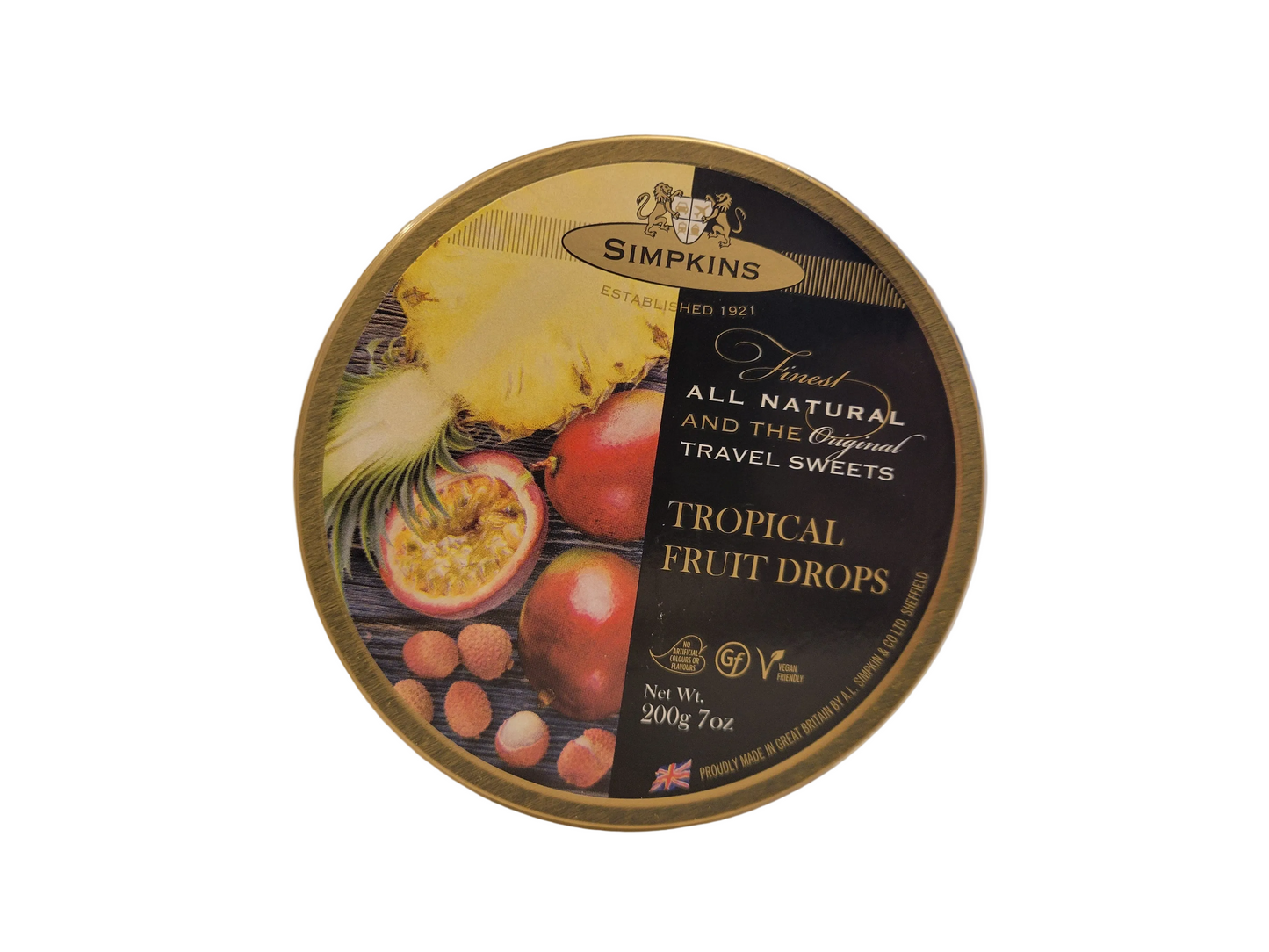 Simpkins Tropical Fruit Drops Travel Sweets 200g Tin