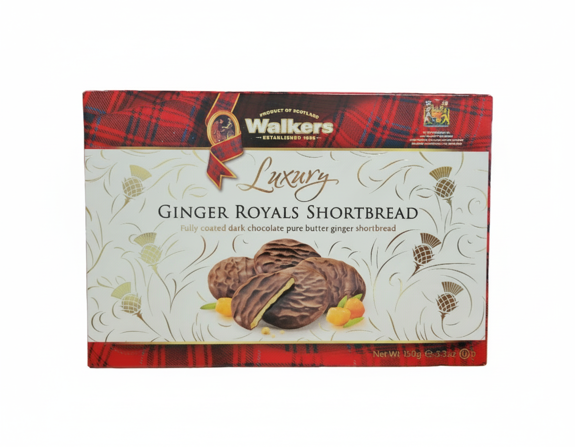 Walkers Luxury Ginger Royals Shortbread, fully coated dark chocolate pure butterginger shortbread. 150g