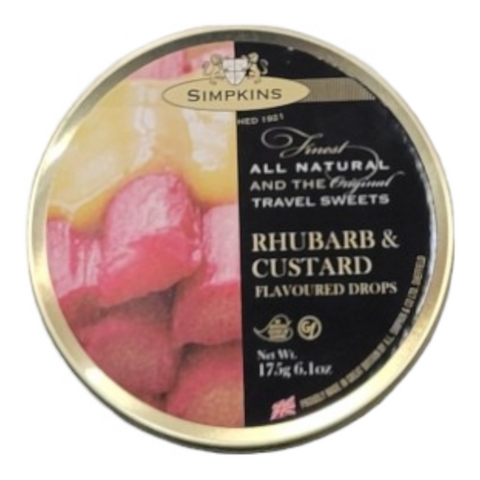 Simpkins Finest English Rhubarb & Custard Travel Sweets 175g Tin