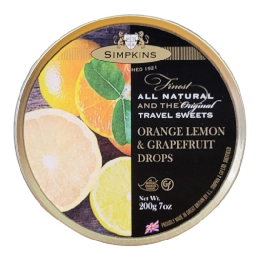 Simpkins Orange Lemon Grapefruit Drops Travel Sweets 200g Tin