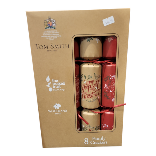 Pack 8 Tom Smith Charity Family Christmas Crackers Kraft Brown & Red Traditional Holy & Ivy Design