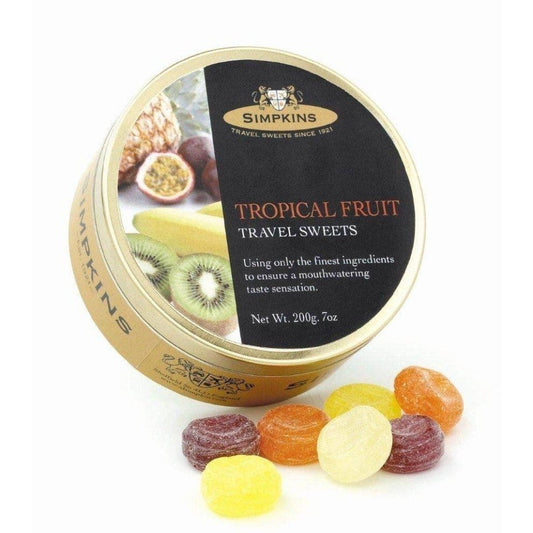 Simpkins Tropical Fruit Drops Travel Sweets 200g Tin