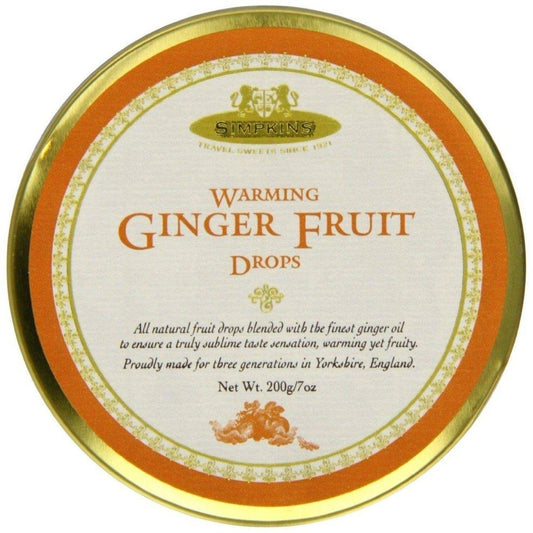 Simpkins Warming Ginger Fruit Drops Travel Sweets 200g Tin